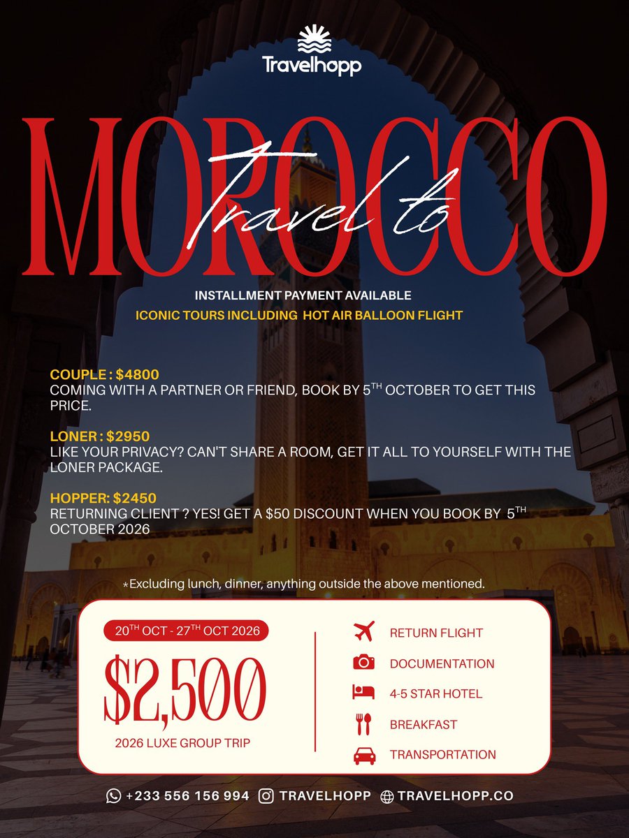 ericamefa's tweet photo. We’re going to Morocco 🇲🇦 🍵✈️
Luxe experience for just $2500 
WhatsApp 0556156994 or Dm Travelhopp on instagram. https://t.co/o3RwlRkPuW
