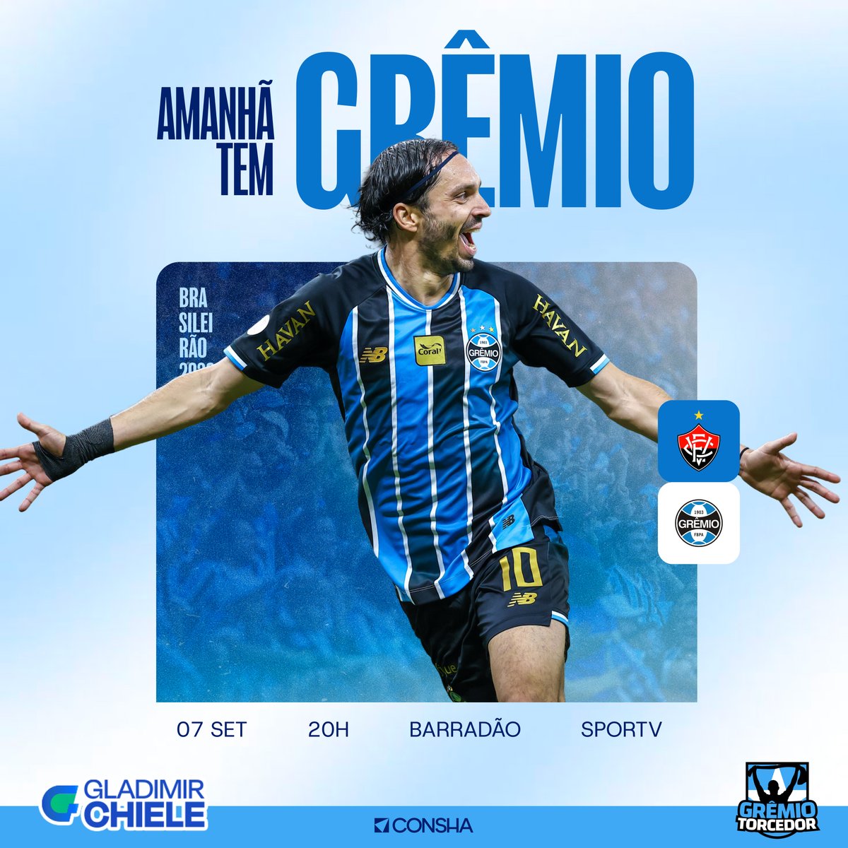MGT2026's tweet photo. AMANHÃ TEM GRÊMIO

O Grêmio enfrenta o Vitória nesta segunda-feira (07), às 20h, pela 26° rodada do Brasileirão, no Barracão, em Salvador, Bahia. SporTV e Premiere anunciam a transmissão.