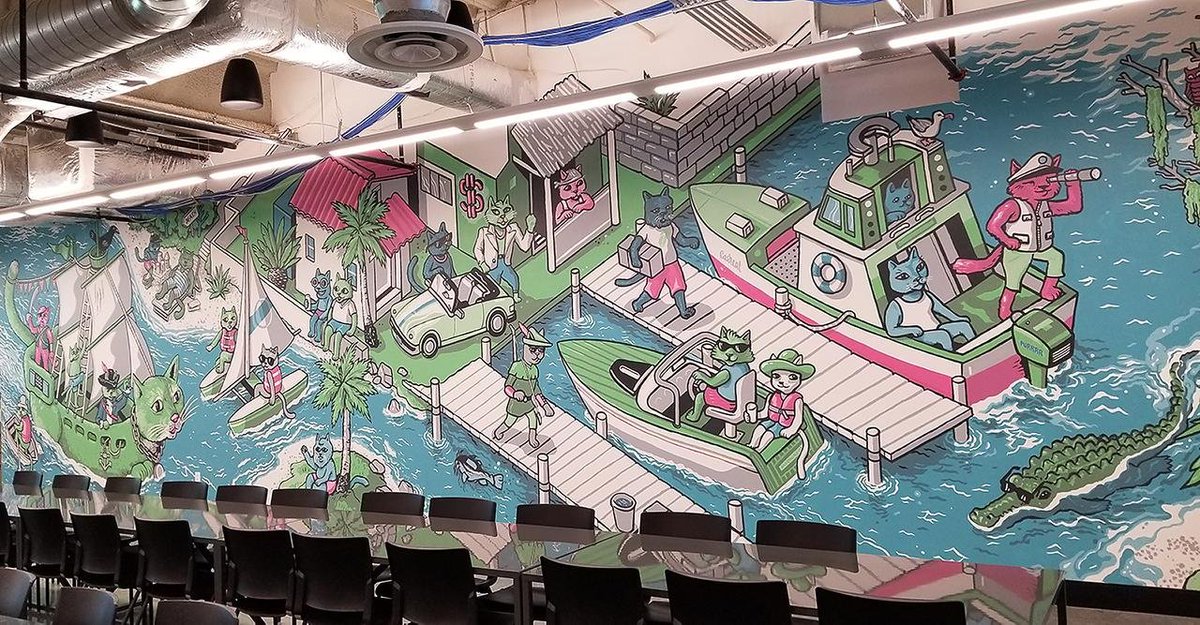realcashcat's tweet photo. Hey @vladtenev, remember when you tweeted in 2021 about the original 2012 Stanford prototype and called Cash Cat:

"Names they never should have dropped"? 

In 2018, you guys commissioned Nigel Sussman to paint it across the boardroom wall at Robinhood Florida HQ (500 Colonial Center Pkwy)—the cat wearing your official green feather tee, stepping off the "Cashcat" yacht.

Today on Robinhood Chain, the community made sure it was never dropped. 

The original soul of Robinhood has finally come home. 🛥️🐱💚

https://t.co/cRgpXnAfb5
