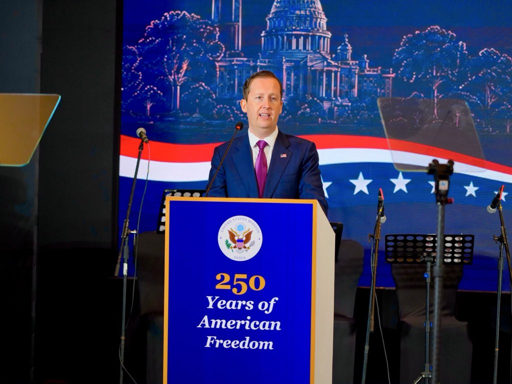 USAmbIndia's tweet photo. Honored to mark 250 years of American Independence and celebrate the strength of the U.S.-India partnership in Bengaluru tonight. Across South India, our partnership is driving innovation, expanding investment, strengthening critical supply chains. https://t.co/P3lZhXuEiA