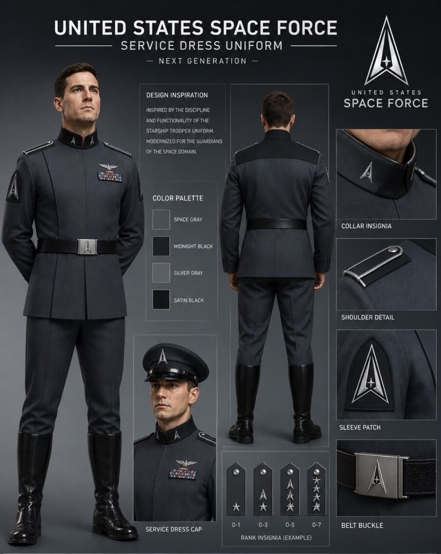 trumptruthsbot's tweet photo. TRUMP: Posts image of next-generation United States Space Force service dress uniform https://t.co/LjTnP1A1EQ