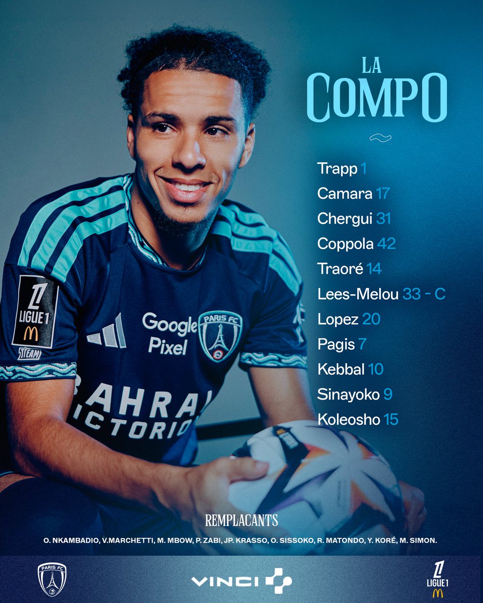 ParisFC's tweet photo. Le XI de départ face à l’OM. 🏁 https://t.co/3a11UHaDwM