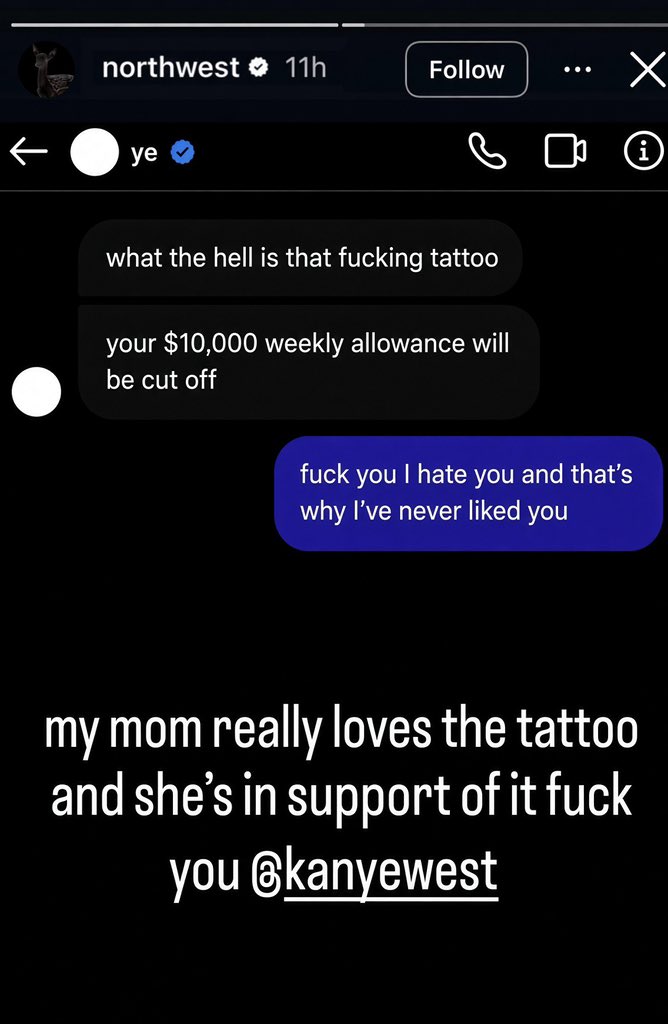 heisHIM3694's tweet photo. 13 years old north west shares a selfie with her mom kim kardashian flaunting her new breast tattoo and shared photos of the messages she received from Kanye west after he asked her to clean the tattoo and he cut off her $10,000 monthly allowance 😭😭 https://t.co/vZK3lEIX9J