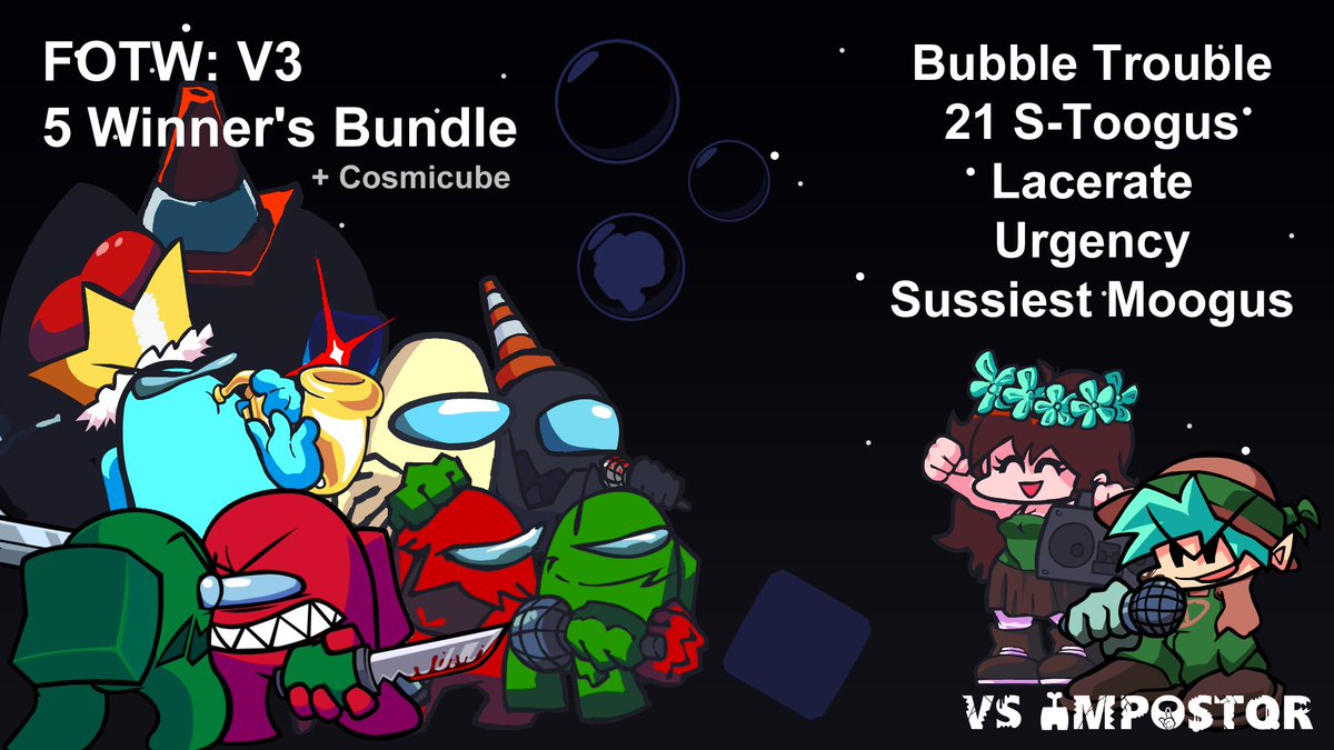 VSIMPOSTOR's tweet photo. Download this modpack for VS IMPOSTOR LEGACY to play through new versions of the 5 winning mods featured in the V3 Anniversary Jam!

Huge shoutouts to all of the teams of these wonderful mods!
https://t.co/9bQdwbG3qx