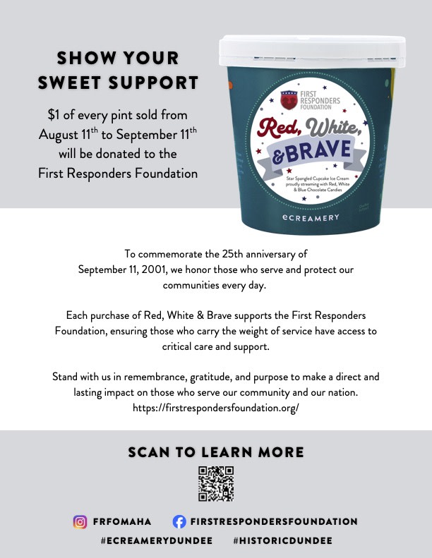 FRFOmaha's tweet photo. Don't miss out on grabbing your pint of Red, White &amp; Brave at eCreamery! 🍦

This is the last week, through September 11th, to purchase our signature cupcake ice cream with chocolate candies! For every pint sold, $1 is donated back to @FRFOmaha! Thank you, eCreamery! 💙🤍❤️ https://t.co/AzMKnwwxtU