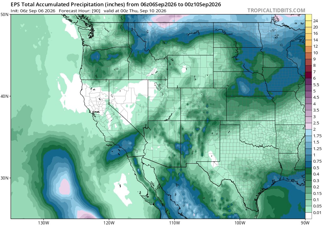 o41036's tweet photo. Will moisture from tropical storm Marie impact CA’s central coast and the SF Bay Area?
First of all, it’s very unlikely there will be a widespread moderate to heavy rain event like what Los Angeles is experiencing now. However, the chance that small amounts of precipitation makes it to the regions isn’t zero. Precipitation is unlikely north of I-80, since the tropical system is expected to weaken significantly before the most anomalous pulse of moisture makes it to that region. Right now, the European ensembles mostly consist of solutions that don’t bring significant precipitation to the Southern SF Bay Area and the Central Coast of CA, while a few (minority) of them bring scattered showers and thunderstorms with modest precipitation totals. 
Here’s what caught my attention. The same (Euro) ensemble also suggests highly anomalous precipitable water anomalies (PWAT) over those regions, with many locations showing 4-5 standards deviations above the mean around noon on September 9. The previous several tropical moisture surges (In July and August) saw less anomalous PWAT’s in the region (more like 2-3 standard deviations above the climatological mean), and did produce a few light showers in the area, and a few spots saw measurable rainfall. Additionally, July and August are on average even drier in the Bay Area than September, meaning the projected 4 sigma anomaly comes from a higher precipitable water average than the July-August events. 
Does this mean those regions will see rain and thunderstorms? No. But it’s very unlikely that such anomalously high PWATs would coincide with no precipitation at all. It’s likely that either the PWATs are being overestimated or the precipitation amounts are being underestimated. It’s hard to tell which one is more likely true.
Regardless, there are some weather-related impacts I’d watch out for next week in the Bay Area. Temperatures will likely be in the 80-90 F range near the coast (80 F could be reached in the usual cool spots like Monterey or SF), while inland areas could see 90-100 F temperatures from Tuesday to Thursday (Wednesday will likely be the hottest day). Nights may end up anomalously warm, as many non-immediate coastal Bay Area regions could see nights that fail to fall below 70 F, which is very unusual. Additionally, with the surge of tropical moisture likely, humidity could be unpleasantly high, making 90 F feel more like 100 F. 
Whether showers/t-storms occur in the area on Wednesday is still uncertain, and we probably won’t know for another 24-48 hours. Stay tuned for more updates.