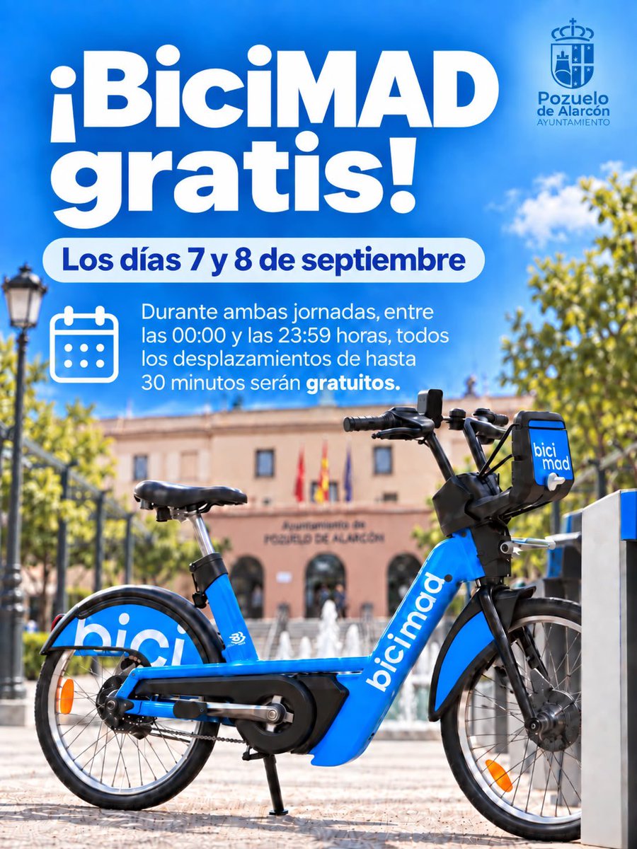 ayto_pozuelo's tweet photo. 🆓🚲 Este lunes y martes podrás disfrutar de BiciMAD gratis. Todos los desplazamientos de hasta 30 minutos serán gratuitos durante ambos días enteros.

🗓️ 7 y 8 de septiembre
⏱️ Hasta 30 minutos gratis
⏳ Durante todo el día https://t.co/CpXHBdcI5f
