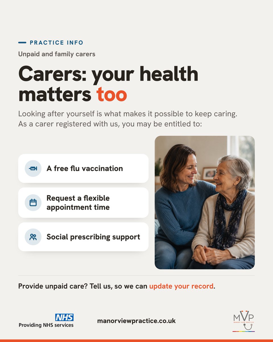 Manor_View_NHS's tweet photo. Unpaid carers: you may be entitled to a free flu vaccine, flexible appointment times and social prescribing support. Let us know you are a carer so we can make sure you receive your invitations. #ManorView #CarersHealth https://t.co/vSrGaf4P7G