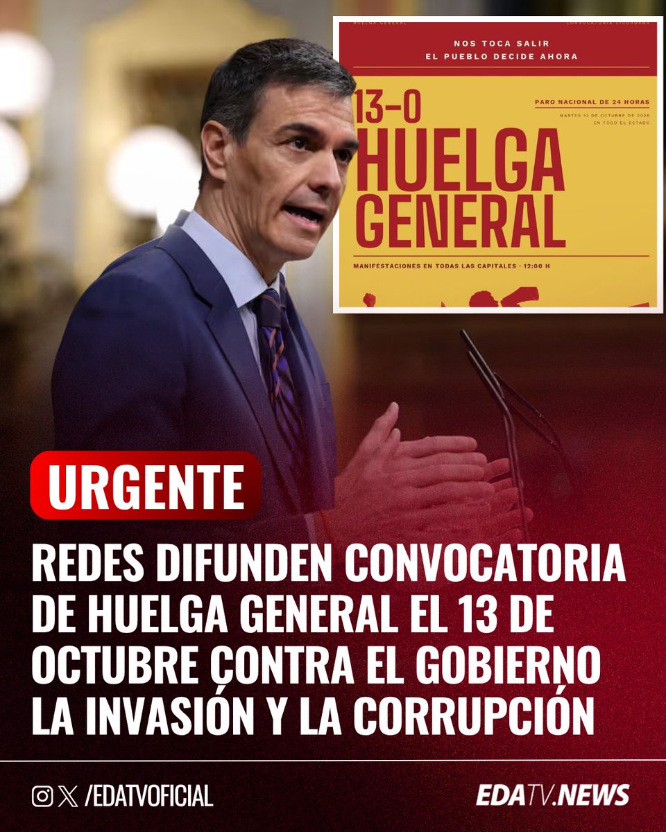 edatvoficial's tweet photo. ‼️🇪🇸🇲🇦 | En redes sociales se empieza a difundir una convocatoria de huelga general de 24 horas para el 13 de octubre contra el Gobierno la invasión de Ceuta la corrupción la inmigración y el régimen del 78. https://t.co/9jdCUtOqyu