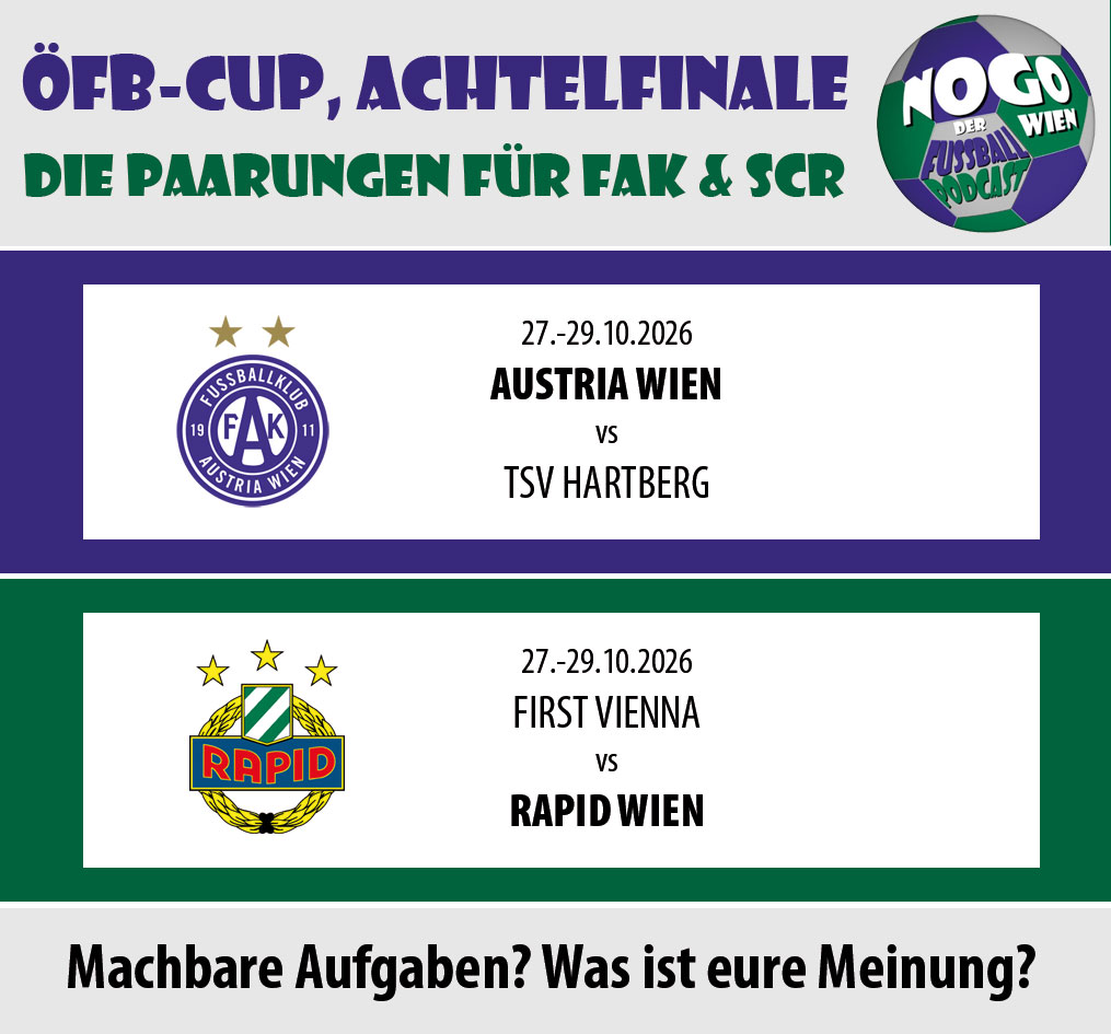 NogoWien's tweet photo. Die #Auslosung von Herbert #Prohaska hat ergeben: Im #Achtelfinale des ÖFB-Cups muss #Rapid bei der Vienna ran, die #Austria empfängt Hartberg. Was haltet ihr davon? Ist ein Aufstieg drin? Auf jeden Fall ist im Oktober wieder Midweek-Action angesagt! #FAKlive #SCR2026 #Cup #Pokal https://t.co/2WatWpdlEF