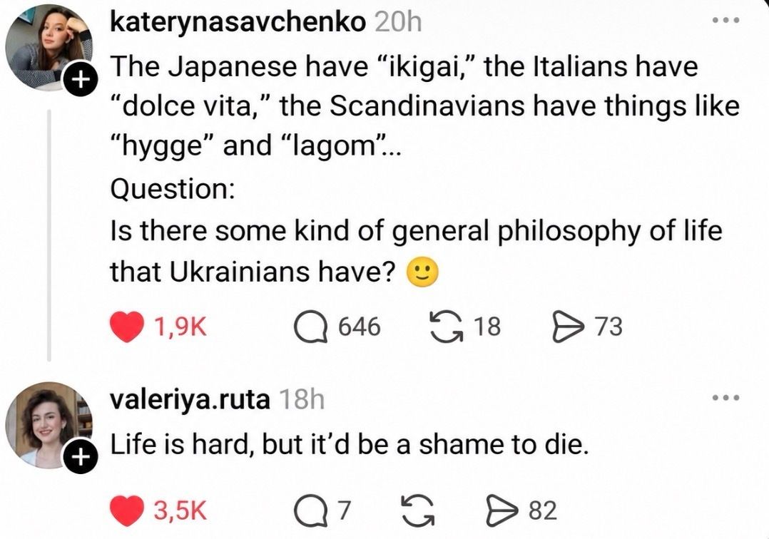 Oksii33's tweet photo. Ukrainian philosophy: life is terrible, but quitting would be embarrassing.

“Тяжко жити, жалко вмерти” https://t.co/KPTcGfWw26