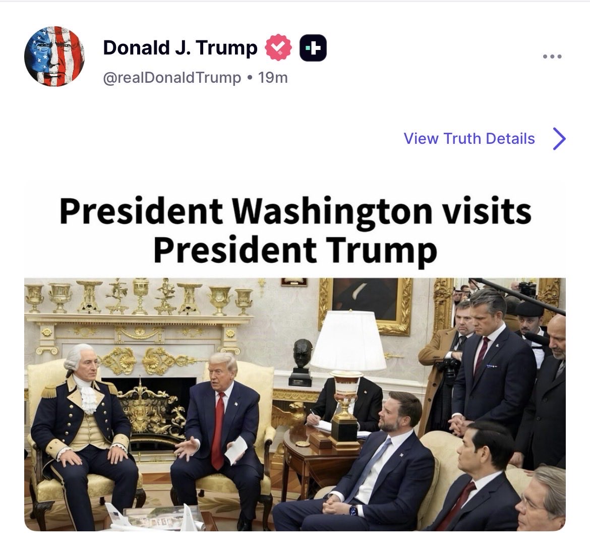 ddiamond's tweet photo. Trump on a TruthSocial posting tear

- sharing images of himself with George Washington

- floating the renaming of New Mexico as “New America” 

- and suggesting the new Space Force uniforms should be inspired by “Starship Troopers” https://t.co/Qi8q0QLEIo