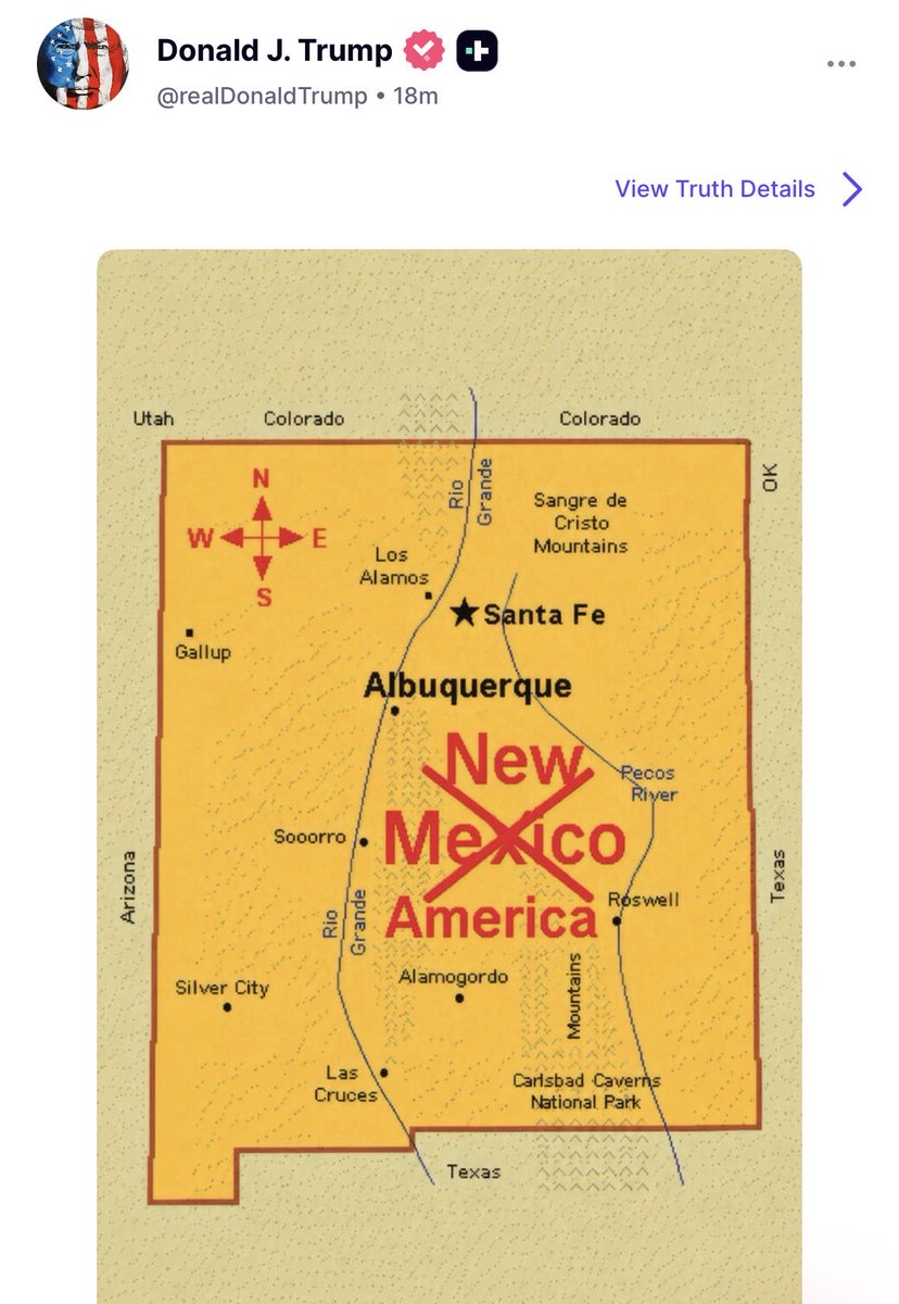 ddiamond's tweet photo. Trump on a TruthSocial posting tear

- sharing images of himself with George Washington

- floating the renaming of New Mexico as “New America” 

- and suggesting the new Space Force uniforms should be inspired by “Starship Troopers” https://t.co/Qi8q0QLEIo