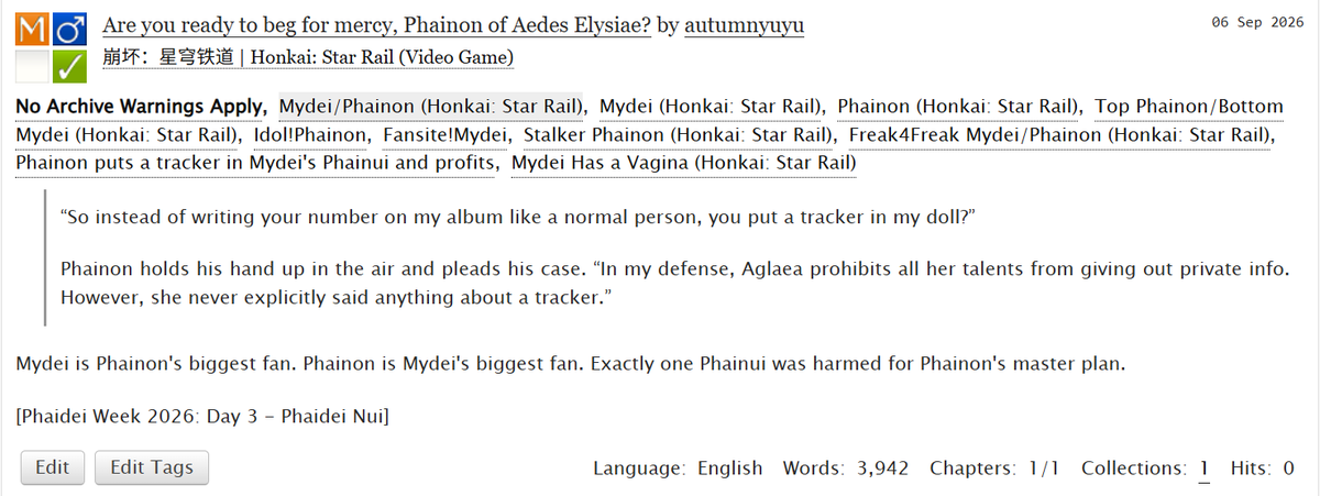 Autumnyuyu's tweet photo. i skipped breakfast and lunch so i can post before day cutoff pls enjoy

@Phaidei_Week #PhaideiWeek2026 #phaidei‌ 
📷Day3: Phaidei Nui
📷3.9k word
📷Mydei is Phainon's biggest fan. Phainon is Mydei's biggest fan. Phainon puts a tracker in Mydei's Phainui and profits.
📷link below https://t.co/vtkBrc7enQ