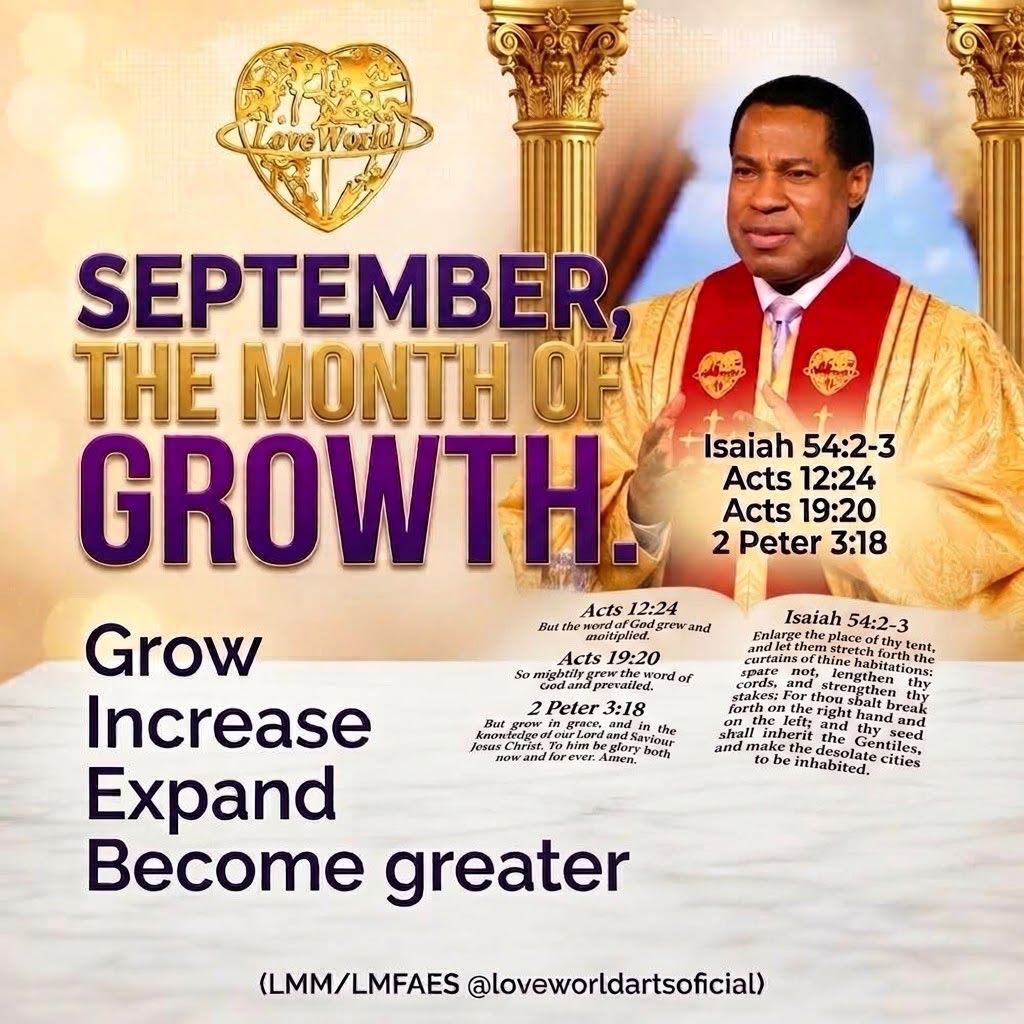 loveworldart's tweet photo. September is the month of Growth…💃💃🙏🏽Glory to  God!
•Grow
•Increase
•Expand 
•Become greater.

Study these scriptures.
Isaiah 54:2-3
Galatians 3:16
Galatians 3:29
Acts 6:7
Acts 12:24
Acts 19:20
Colossians 1:9-10
1 Peter 2:2
Ephesians 4:14-5
2 Peter 3:18

#Loveworld https://t.co/XDsmzPcE0H