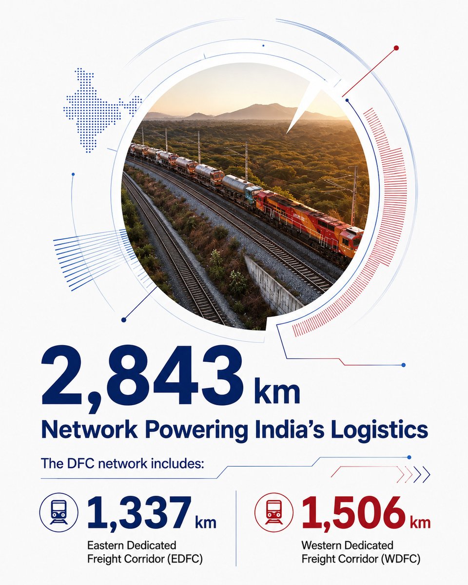 SCoRAILWAYVSKP's tweet photo. The DFC network is now emerging as a new architecture for Indian freight—supporting a more efficient, resilient, competitive and sustainable logistics ecosystem. #DFCCIL  #DoubleStack #DedicatedFreightCorridor #FreightLogistics #RailInfrastructure #TransformingTransportation #IndianRailways @RailMinIndia @drmvijayawada @DRMVSKPSCoR @drmgnt @drmgtl