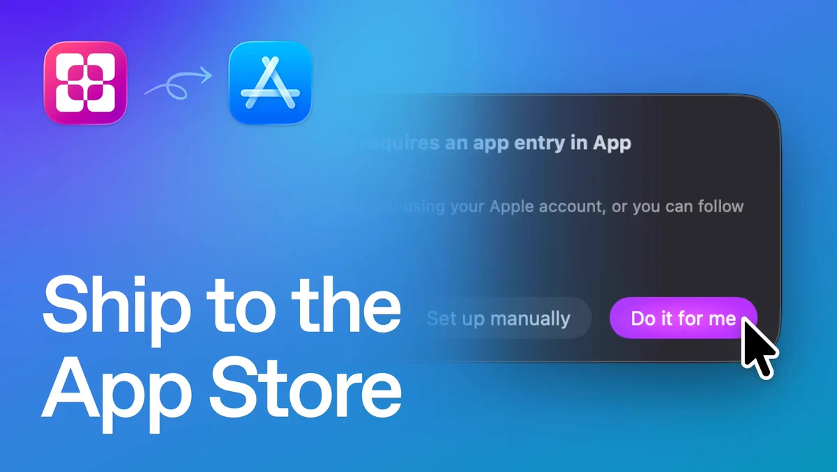 A gradient background features app icons and a prompt to "Ship to the App Store," highlighting a button for automated app submission in Bitrig.