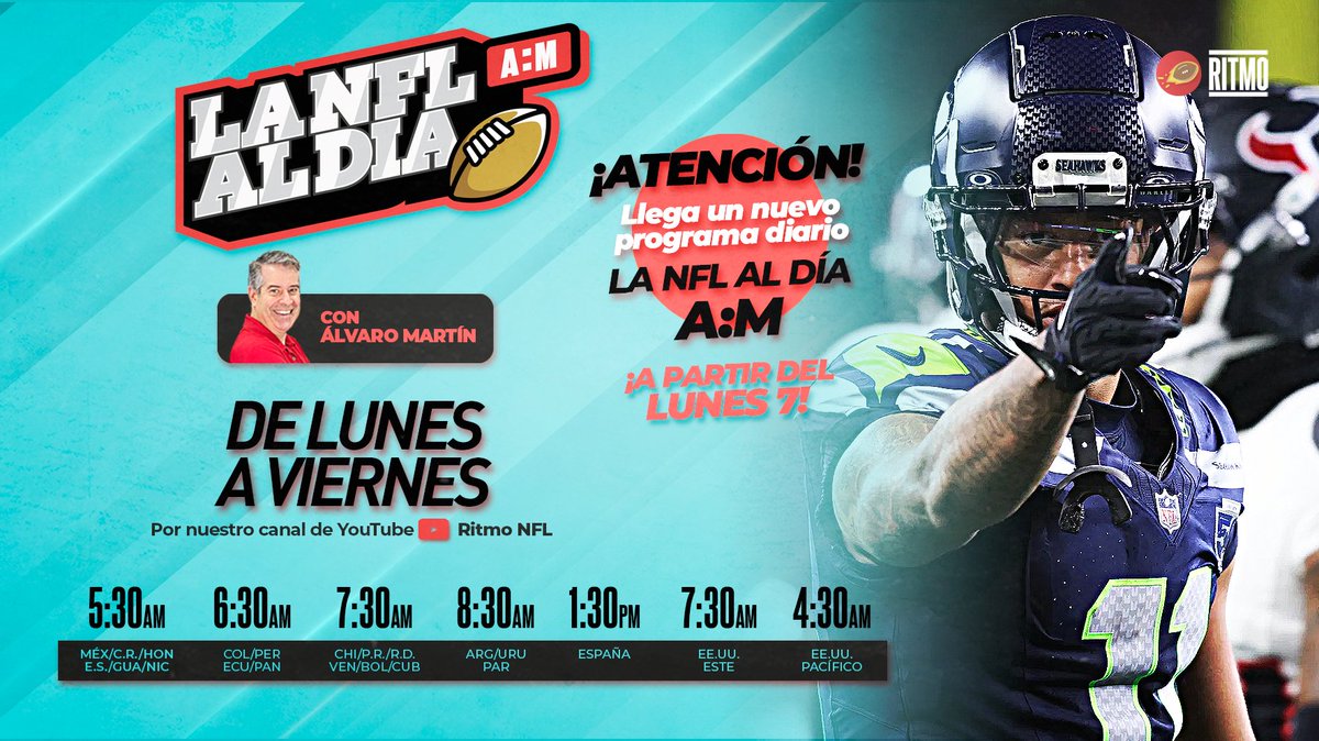 AlvaroNFLMartin's tweet photo. Acompáñanos de lunes a viernes en LA NFL AL DÍA - AM durante la temporada de la NFL.

Envía desde ahorita tus sugerencias, tópicos a discutir, y evaluaciones de jugadores, equipos y tendencias en la NFL.

¡Mándanos tu Top 10 en tu Power Ranking antes de comenzar la temporada ya! https://t.co/mqavCbCtYL