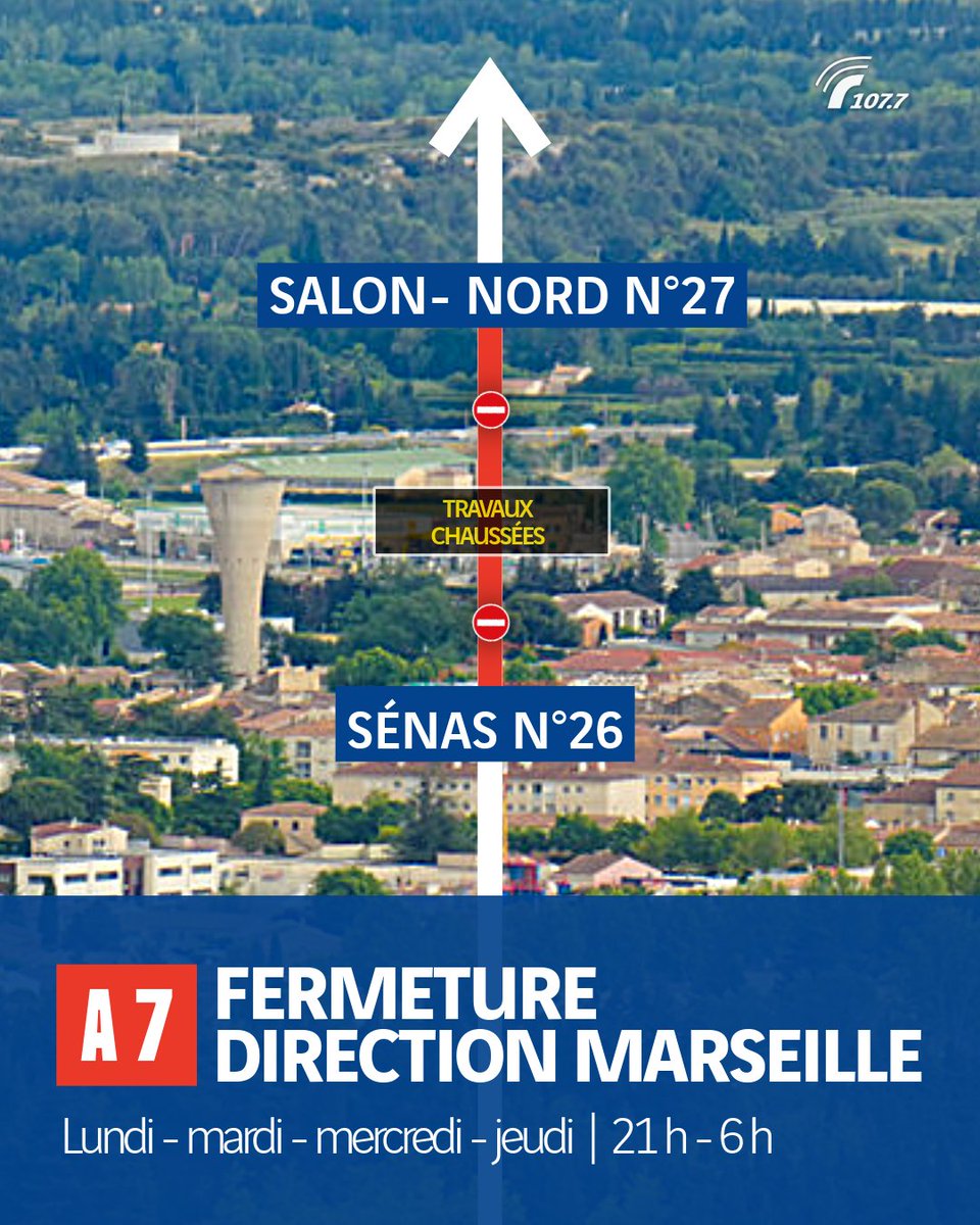Radio1077's tweet photo. Dans la région de Salon-de-Provence, l'autoroute A7 sera fermée❌, en direction de Marseille, entre Sénas n°26 et Salon-Nord n°27.

➡️ Prendre la RD 538
🗓️ Lundi 7, mardi 8, mercredi 9 et jeudi 10 septembre
🕗 À partir de 20h et au plus tard jusqu'à 6h
���Travaux sur la chaussée https://t.co/klOw97INl6