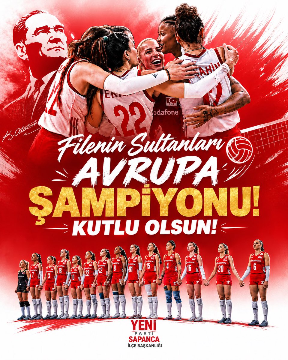 YeniPartiSpnc's tweet photo. 🇹🇷 Filenin Sultanları Avrupa Şampiyonu!

Ay-yıldızlı gururumuz Filenin Sultanları’nı bu büyük başarılarından dolayı kutluyoruz.

Şampiyonluğumuz kutlu olsun! 🇹🇷 https://t.co/988klmMk4d