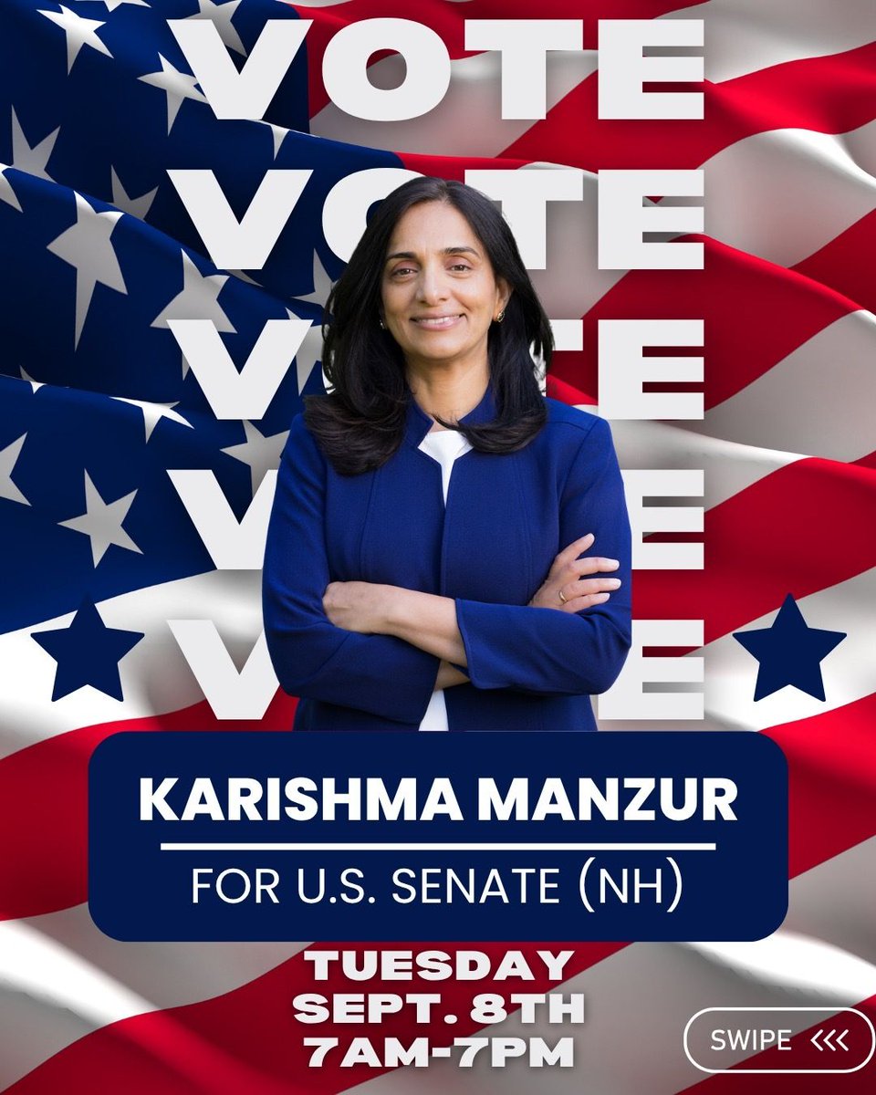 Karishma4Senate's tweet photo. New Hampshire Primary Elections are this Tuesday, Sept. 8th. Make a plan now to vote! #nhpolitics #nh #nhtok https://t.co/VCi9oziHwr