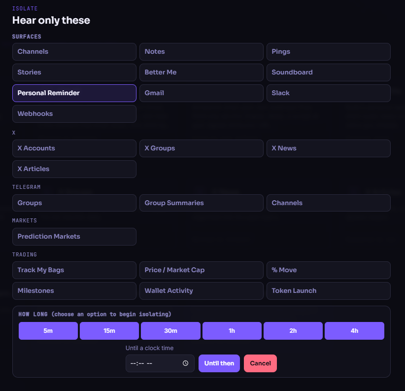 AnnouncrFM's tweet photo. Sometimes you want to isolate certain channels. For example, maybe you're locked in on building and don't want to hear any X posts. The new Isolate feature lets us  do that. Temporarily isolate specific channels! https://t.co/fXGRZZI91O