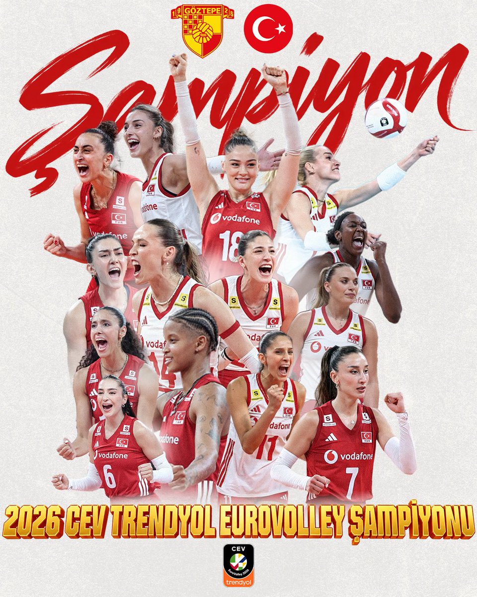 gozgozvoleybol's tweet photo. AVRUPA’NIN EN BÜYÜĞÜ FİLENİN SULTANLARI 🇹🇷

Takımımız, İtalya’yı 3-2 (16-25, 25-22, 12-25, 25-21, 15-10) mağlup ederek, CEV Trendyol EuroVolley 2026’da üst üste 2. kez Avrupa şampiyonu oldu. 

#GöztepeVoleybol #FileninSultanları https://t.co/p8mYihfQOS