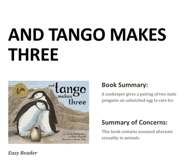 TXFreedomRead's tweet photo. And Tango Makes Three, by Peter Parnell and Justin Richardson. Concern: This book contains assumed alternate sexuality in animals. “Tango was the first penguin in the zoo to have two daddies.” /26 https://t.co/owUlZcTmKi