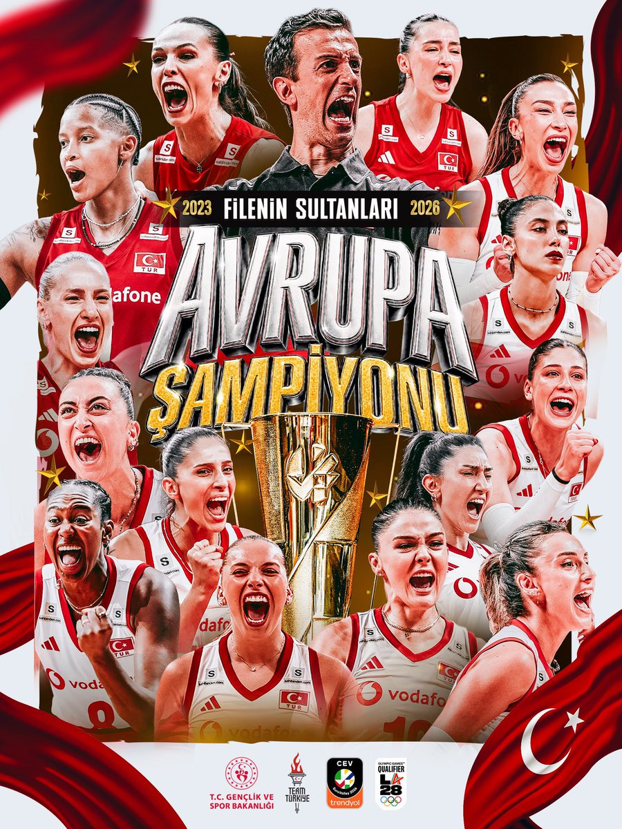 AzEmbassyTurkey's tweet photo. Avrupa’nın Şampiyonu #FileninSultanları! 🏆🇹🇷🏐
Turnuva boyunca sergiledikleri muhteşem performans, mücadele azmi ve kararlılıklarıyla büyük bir başarıya imza atan Türkiye A Millî Kadın Voleybol Takımımızın bu gurur verici şampiyonluğunu yürekten kutluyoruz. 

Tebrikler #Türkiye! https://t.co/snkux8eVtU