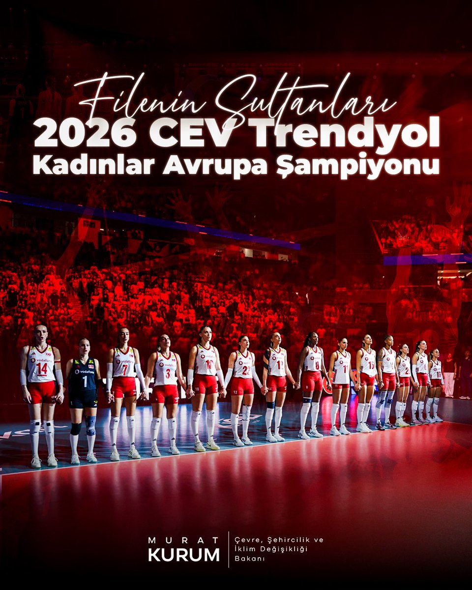 murat_kurum's tweet photo. Avrupa’nın şampiyonu Türkiye!🇹🇷🏆

Ay yıldızlı bayrağımızı gururla dalgalandırdınız, yine yeniden tarih yazdınız.

CEV Trendyol 2026 Kadınlar Avrupa Voleybol Şampiyonası’nda şampiyon olan A Milli Kadın Voleybol Takımı’mızı gönülden kutluyorum. https://t.co/RrFR0H4A09
