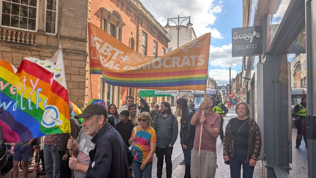 LeicesterLibDem's tweet photo. Leicester LibDems were out to join the annual Leicester Pride celebration. Our values of Liberty, Equality, Community, and Human Rights, along with our advocacy for a fair, free, and open society means that we will support ALL members of the LGBT+ community. https://t.co/3xUSPm0bpS