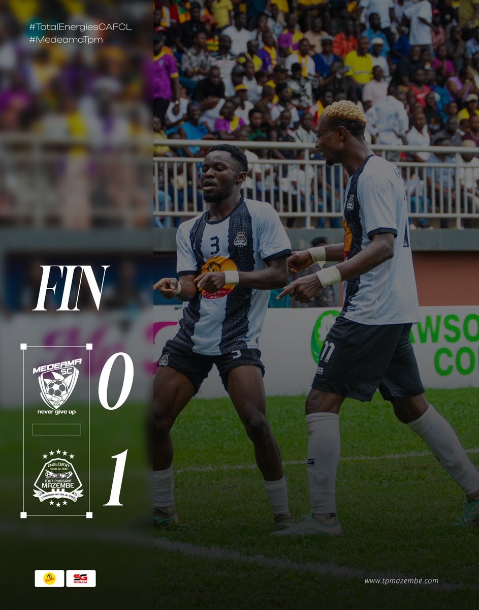 TPMazembe's tweet photo. #TotalEnergiesCAFCL #MedeamaTPM 
Score final à Tarkwa : Medeama Sporting Club 0, Tout Puissant Mazembe 1
Victoire à l'extérieur des hommes de @moise_katumbi ✌️ 
Bravo les gars pour cette belle entrée en compétition.
Impossible n'est pas Mazembe 🖤 🤍 https://t.co/v13bmdyPCd