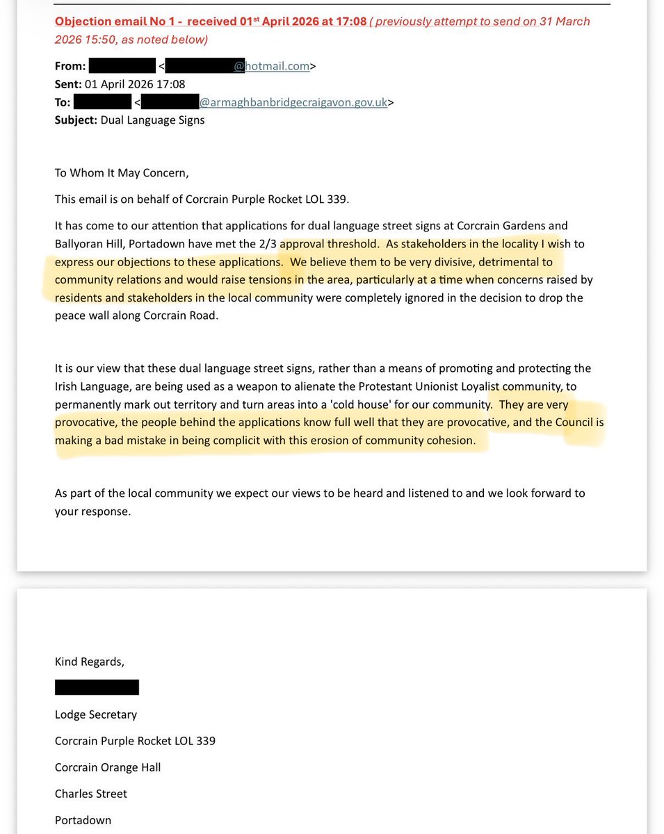 dreamdearg's tweet photo. REVEALED: Portadown Orange Lodges formally objected to "provocative" dual-language signs in 2 streets where residents overwhelmingly voted ✅-citing their concerns for "community cohesion", "tensions", "division" &amp; maintaining a "peaceful coexistance"🤐

🔗https://t.co/aLvKWNZY0r https://t.co/pzU1oR4s4S