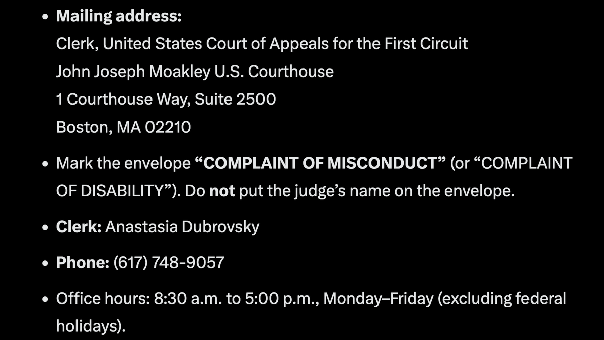 TanyaGabriele's tweet photo. Hear me out all of "X!" 

All of you from any state can write a letter to the Board of Conduct for Judges in Massachusetts and those letters will be used against Talwani for her misconduct.  

If enough letters flood that agency, she could be removed from office.  

Just tell them:  

I find that Judge Indira Talwani's repeat  blocking of President Trump after the Supreme Court ruled that his agreement with USPS  mail-in ballots is legitimate is unethical and unbecoming the conduct of a federal judge especially when she is disrespecting the US Supreme Court by ignoring their ruling.  

Her actions incriminates any trust and faith a citizen could have in federal judges.   She has trashed all regard for the law and our Nation.  Please remove her from the bench! 

Or write as you will by hand or typing.

Contact them at: