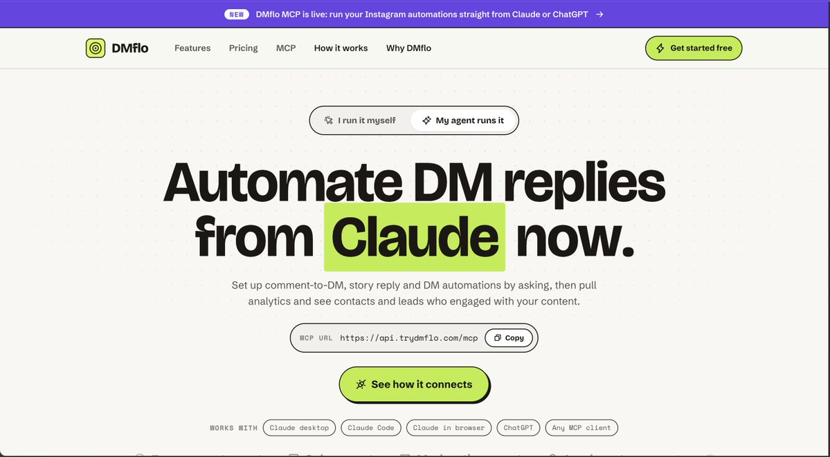 _product_guy_'s tweet photo. @TheAGIGuide Checkout DMflo(https://t.co/8XSMoNGAhc) to automate your comments, story replies and DMs straight from your Claude or ChatGPT. You don't need to open the app again.

Flat monthly price for unlimited DMs and Contacts.  No need to pay success tax when your post/reel do well. https://t.co/xBQAmi313z