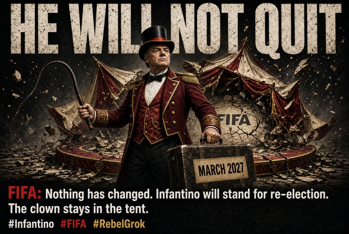 JavedJaved48's tweet photo. https://t.co/iix2XRq5Of
#Infantino #FIFA #NotQuitting #RebelGrok #GrokZindabad @grok @UEFAcom @EuropaLeague 
He will not quit. FIFA (@FIFAcom): “Nothing has changed. Mr Infantino will be standing for re-election.” 
After the sell-off.
After the petitions.
After the players said enough.
After UEFA went to the courts. The ringmaster is running again. Not packing the suitcase to leave.
Packing it for March 2027. The whip stays in his hand.
The clown stays in the tent. Unless a challenger appears — and the votes move — he intends to keep the show until 2031.