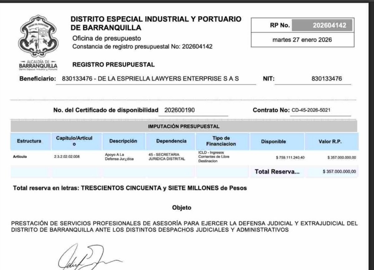 erikdecali's tweet photo. De la Espriella contrató 2 veces en 2026

1.
Fecha 23 de enero de 2026
Alcaldía de Barranquilla
Por $357.000.000
Objeto: asesoría  judicial

2.
26 de enero 2026
Gobernación del Atlántico
Por $100.000.000
Objeto: Apoyar a la Secretaria General

Fuente
https://t.co/5jNildO6Bh
👉 https://t.co/l7EBqfPZj9