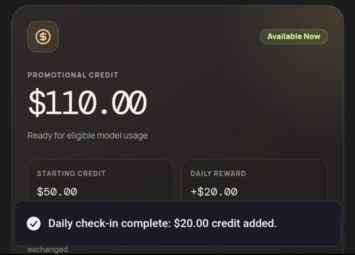 rebubit's tweet photo. FREE $110 CLAUDE OPUS 5 CREDITS FOR NOW🤯

another site is handing out free API credits

• $90 signup credits
• $20 daily check-in
• Claude Opus 5
• API access

how to claim it:

1. sign up on TokenForge
2. claim your credits
3. create an API key
4. connect it to your AI agent

get it here:
https://t.co/RsiHozgVAK

might not stay for long