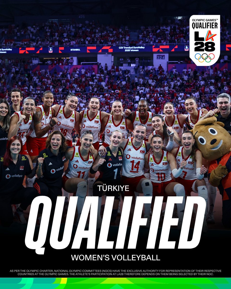 Olympics's tweet photo. Türkiye 🇹🇷 finishes on top at the Women’s Volleyball European Finals, booking their ticket to #LA28! 🏐🥇

A huge statement win as they become the reigning European Champions since EuroVolley 2023!

#Olympics #RoadToLA2028 #OlympicQualifiers #EuroVolleyW https://t.co/k0HoiEYkey