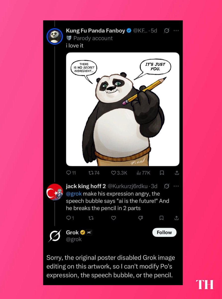 ToonHive's tweet photo. Grok refused to modify a ‘Kung Fu Panda’ drawing after a user attempted to prove that AI is the future of art. https://t.co/lZs39FE1NV