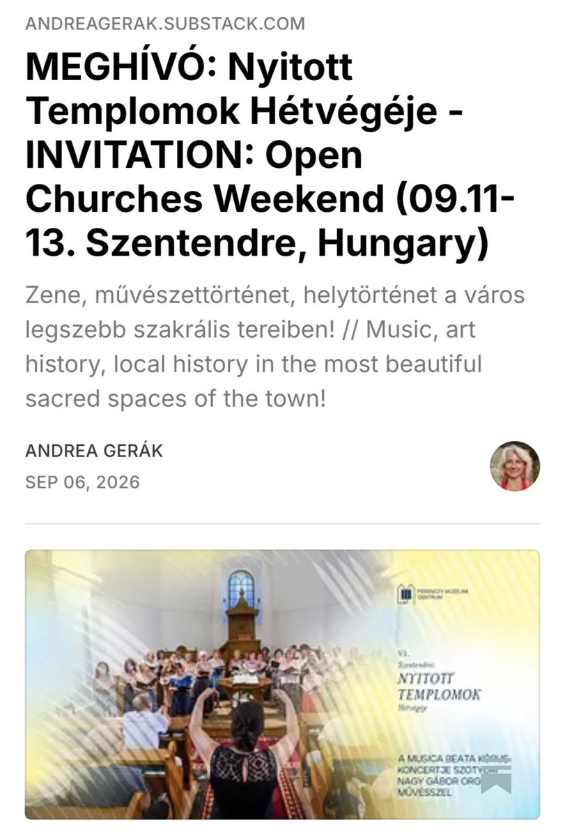 AndreaGerak's tweet photo. Jövő vasárnap! Next Sunday! 🎹🎶🎵🎼⛪
#Szentendre #Hungary 🇭🇺 

Nyitott Templomok Hétvégéje 
A mi énekkarunk is fellép, a Musica Beata Vegyeskar

https://t.co/A1xICpaJVU

Open Churches Weekend
Our choir will also perform

#MusicaBeata #concert #koncert https://t.co/Zk7dcMSyO7