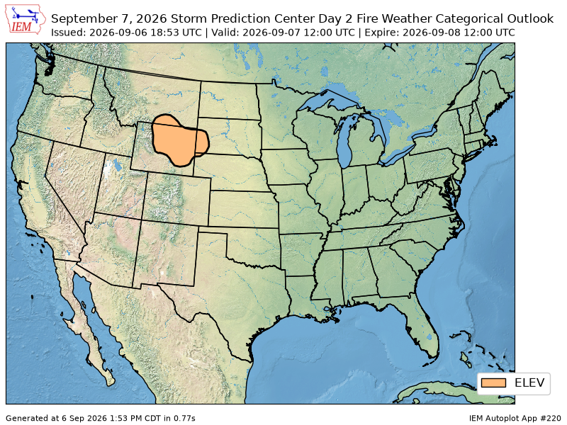 TwistedStratoWX's tweet photo. The Storm Prediction Center issues Day 2 Fire Weather Outlook (Max Risk: Elevated) at Sep 6, 18:53z https://t.co/NtDMJkZX1E https://t.co/8RboZcSUGJ