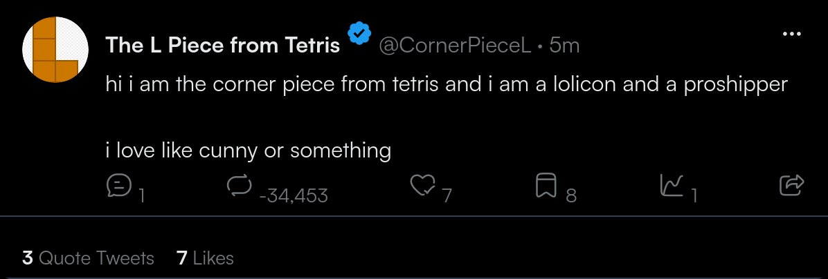luseluseluse's tweet photo. Hello twitter world, I have come to report the famous L piece from the video game "Tetris" is a proshipper and a lolicon. To all my mutuals please unfollow @/CornerPieceL or you will be BLOCKED. https://t.co/j9qfq5WWhF