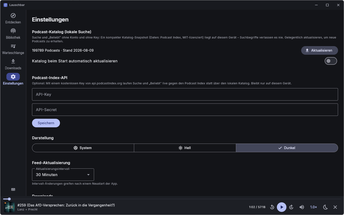 pottrauschen's tweet photo. PR-002: Lauschbar. A podcast player for Windows that keeps everything on your machine: chapters, transcripts that scroll with the audio, a local catalogue of 200k feeds. No account, no tracking. Free, GPL.

Beta 0.1.2, installer or zip:
https://t.co/dx2B0QFxNS https://t.co/U9N9i4D7D7