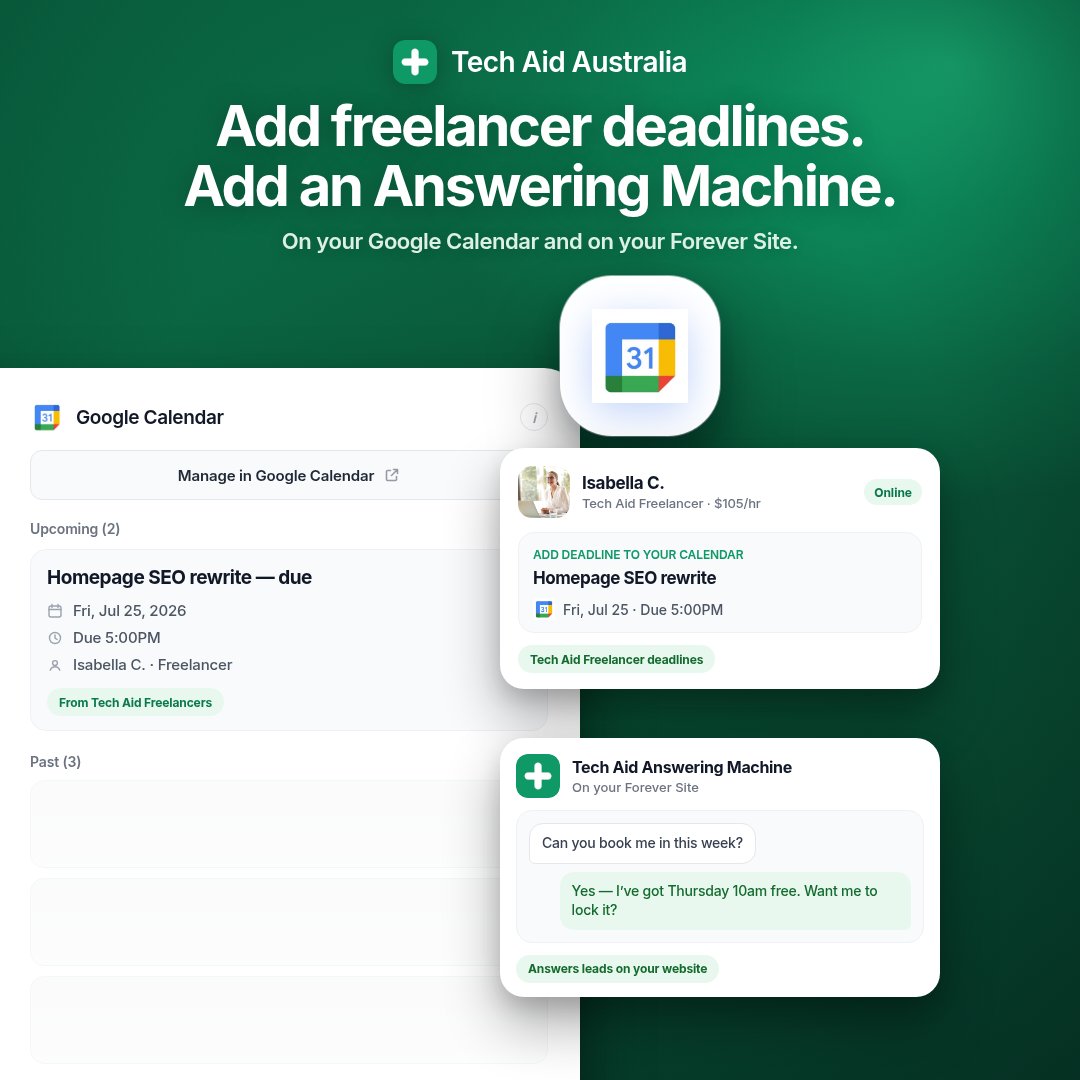 techaidau's tweet photo. Deadline RSVP’d to Google Calendar. Answering Machine’s already on the call. 📅🤖
ABN 33 959 110 665 | ACN 635518580
https://t.co/NRKEmOjhDx
https://t.co/d2MzO8NGhI
#TechAidAustralia #ForeverSite #SmallBusinessAustralia #Websites https://t.co/ymYFToXx59