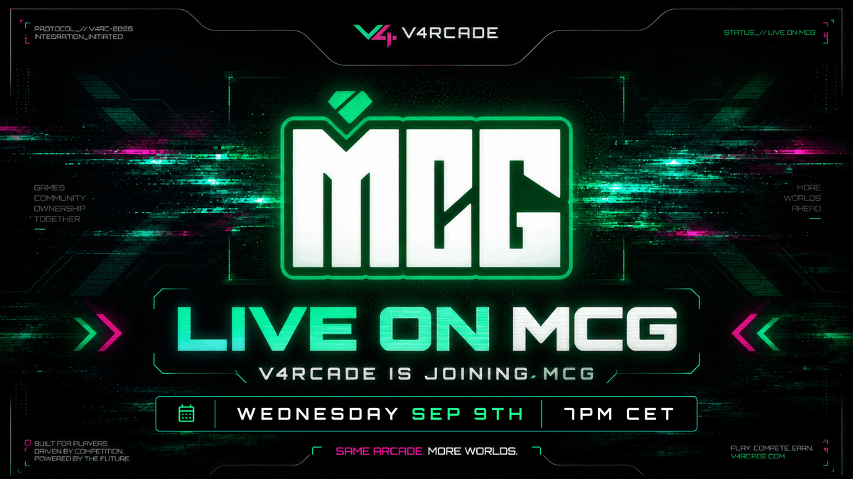 V4RCADE's tweet photo. We are pleased to announce that we will be live with @MCGlive on Wednesday at 7 PM CET.
See you all there! https://t.co/PtvxcVFhcb