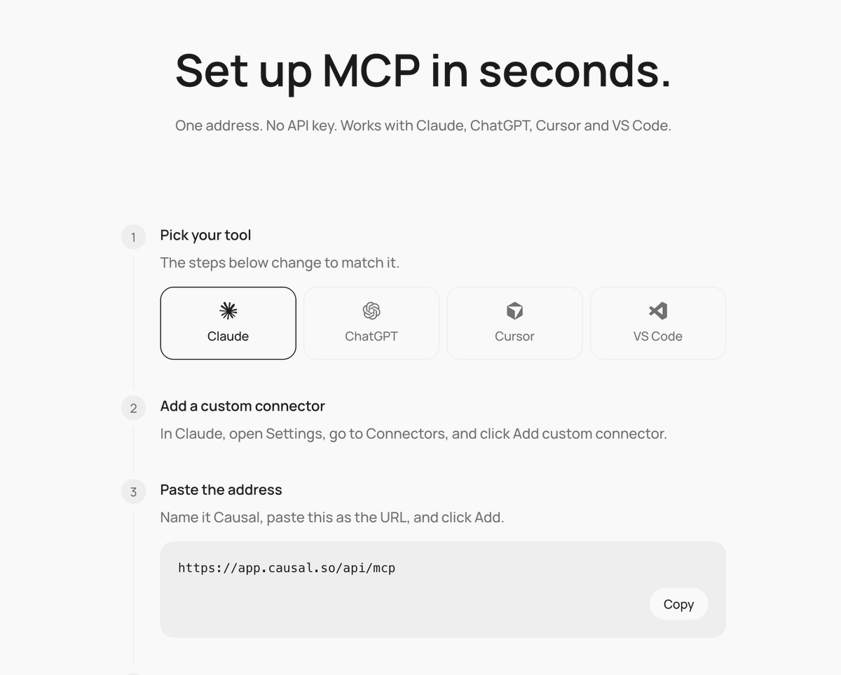 BuildWithCausal's tweet photo. Guide to set up the MCP on our website @ https://t.co/lGWLzsv8Ib https://t.co/aPKqrfauTN