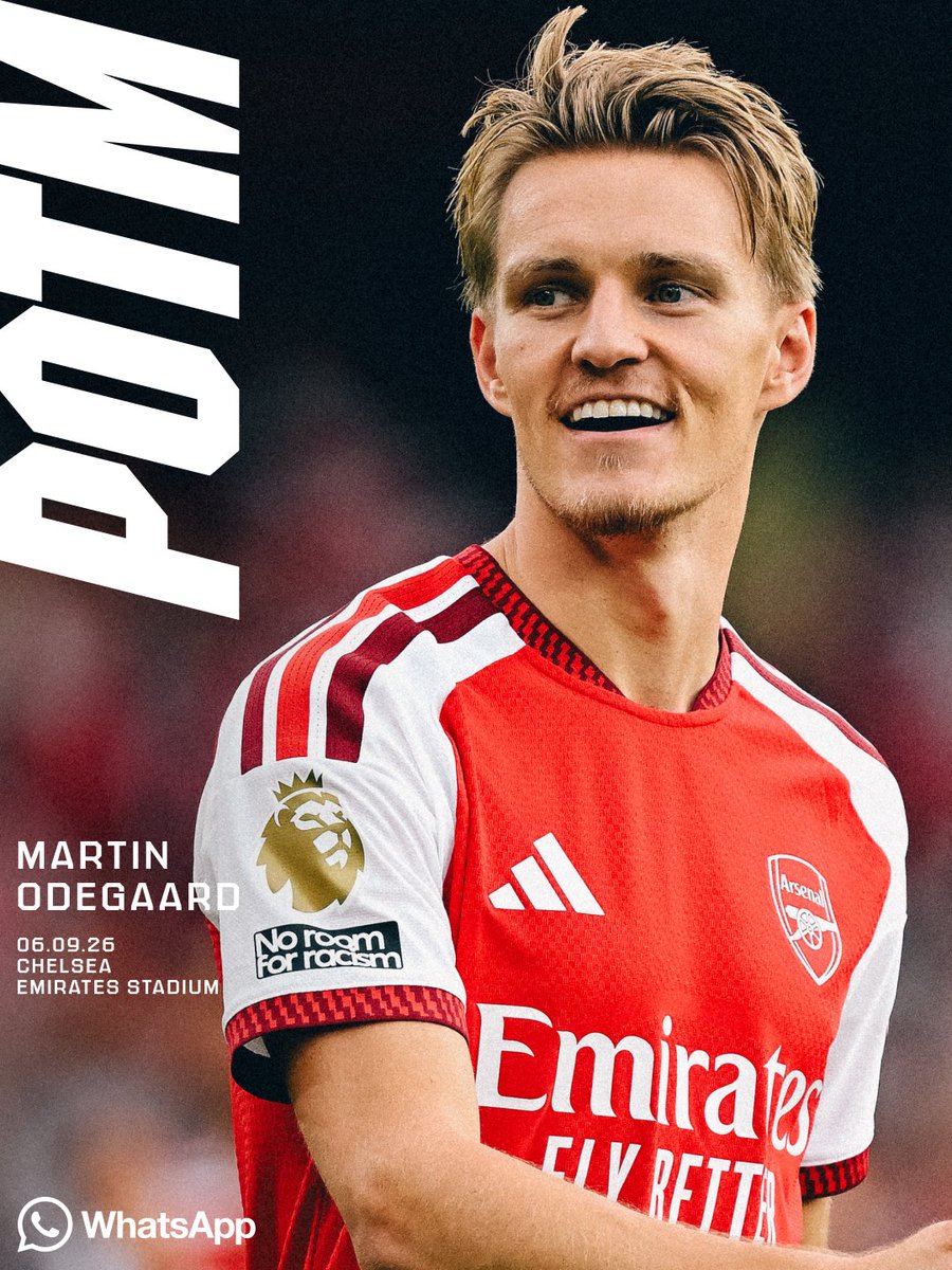 Arsenal's tweet photo. Our skipper setting the standard 💫

Today's POTM against Chelsea: Martin Odegaard 🏅

🤝 @WhatsApp https://t.co/u07B7CsOtg