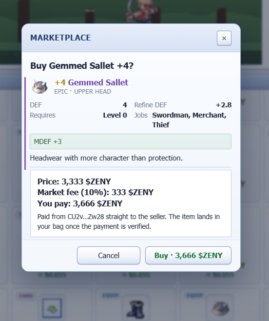 Ginaoix's tweet photo. POV: you see a +4 Gemmed Sallet for 3,666 ZENY and suddenly that “financial discipline” shit goes out the window 💀

“it’s an investment” bro it’s a fcking hat 😭 @IdleROGame https://t.co/2WT3gISWUa