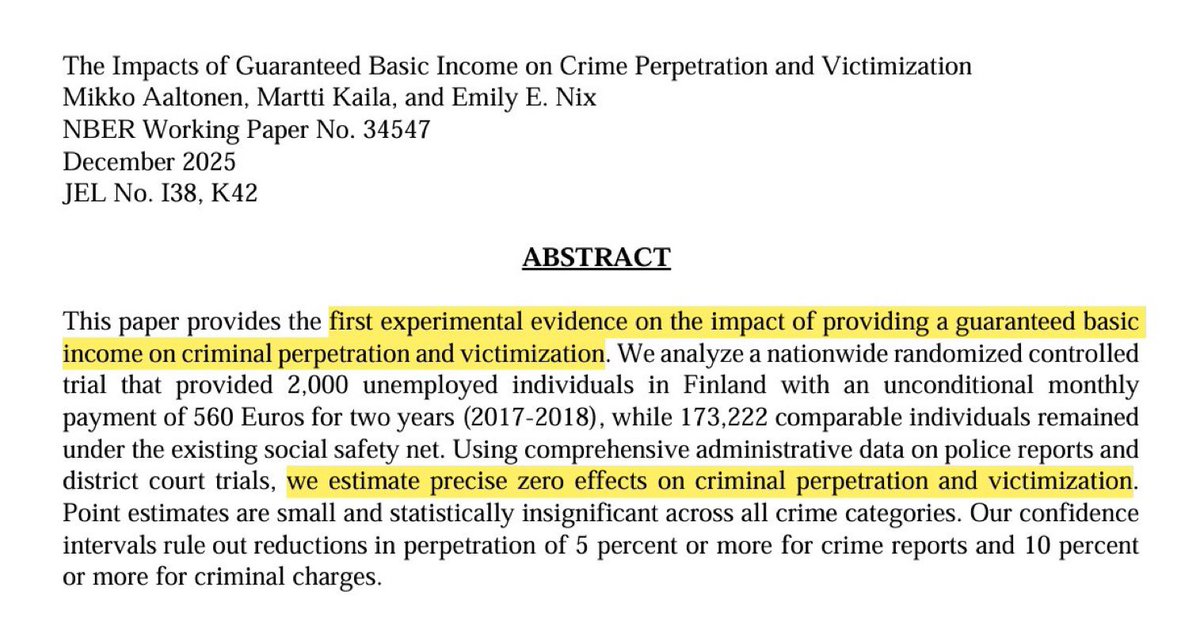 ArthurMacwaters's tweet photo. “people wouldn’t commit crimes if they could just afford food” 

they would, actually. 

Finland studied this by giving people UBI, and it had precisely zero impact on crime https://t.co/aSAXXuFuzb